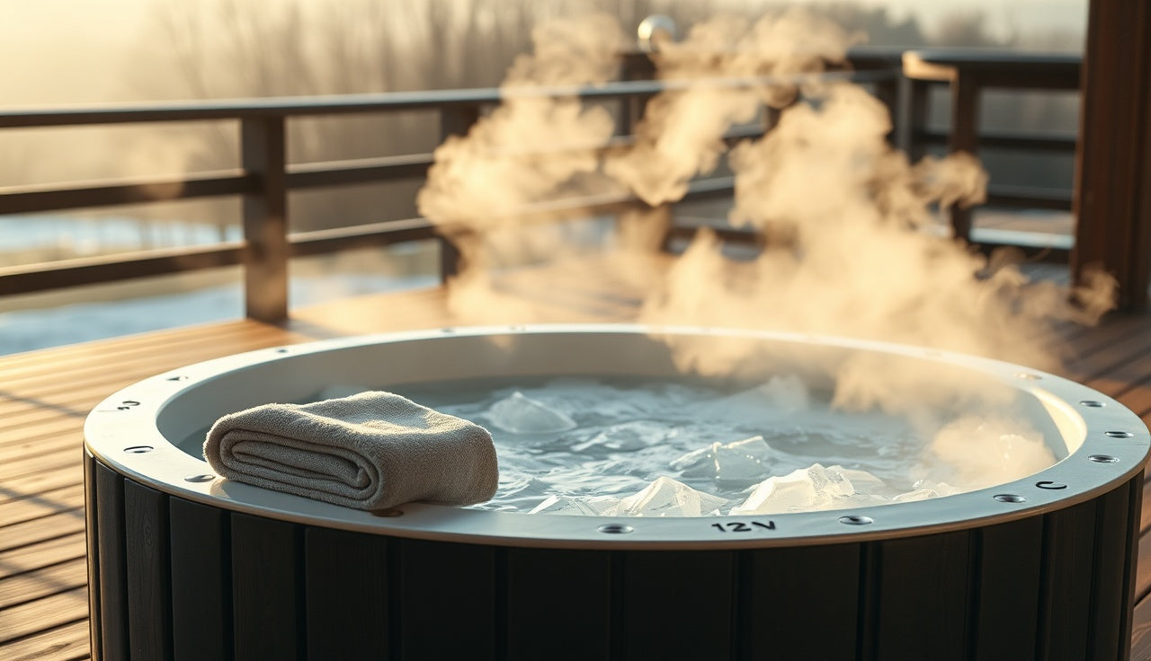 Empty cold plunge tub with icy water on a wooden deck in morning light