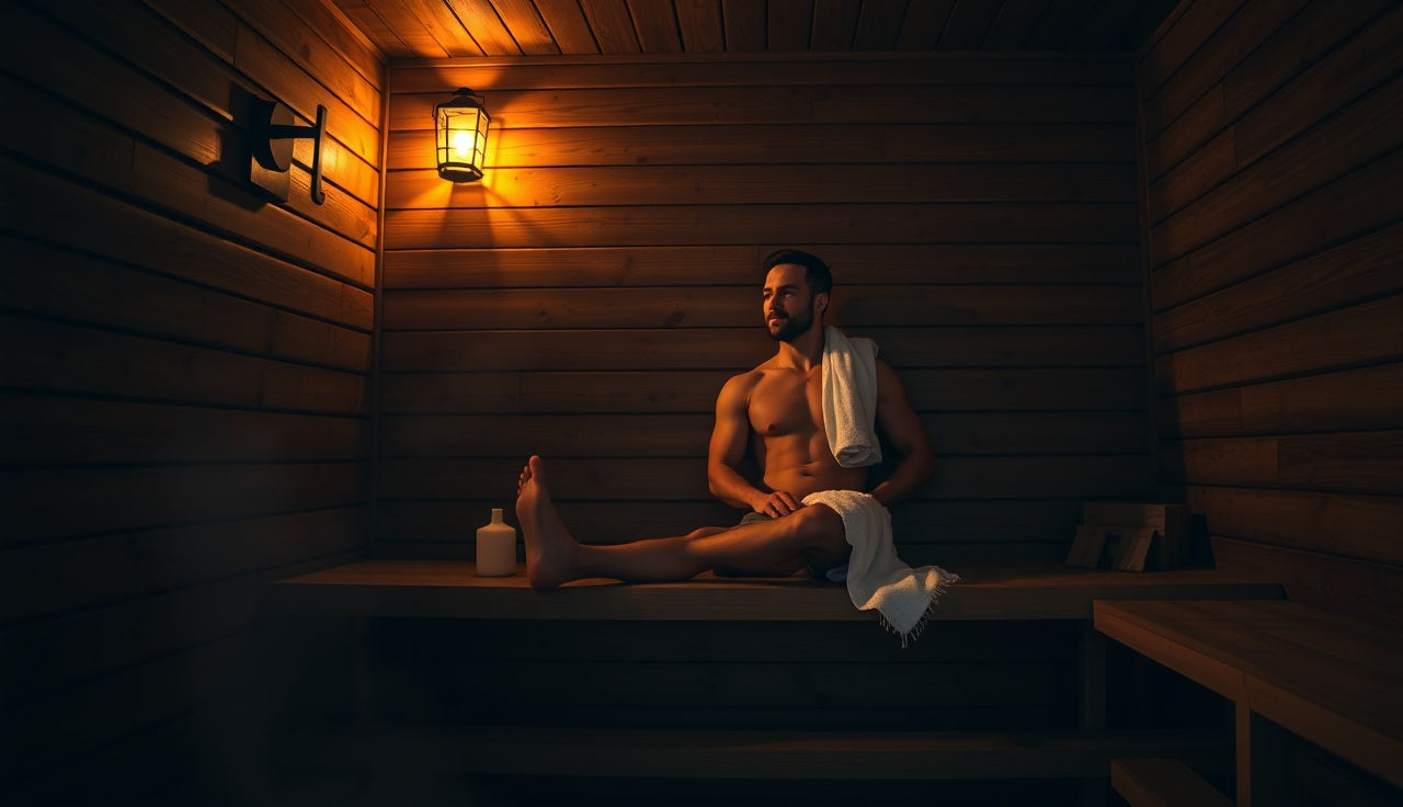 Endurance athlete resting on a wooden sauna bench after a training run
