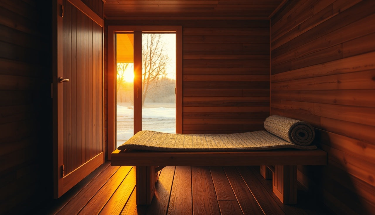 PEMF mat resting on bench beside open cedar sauna door at dusk
