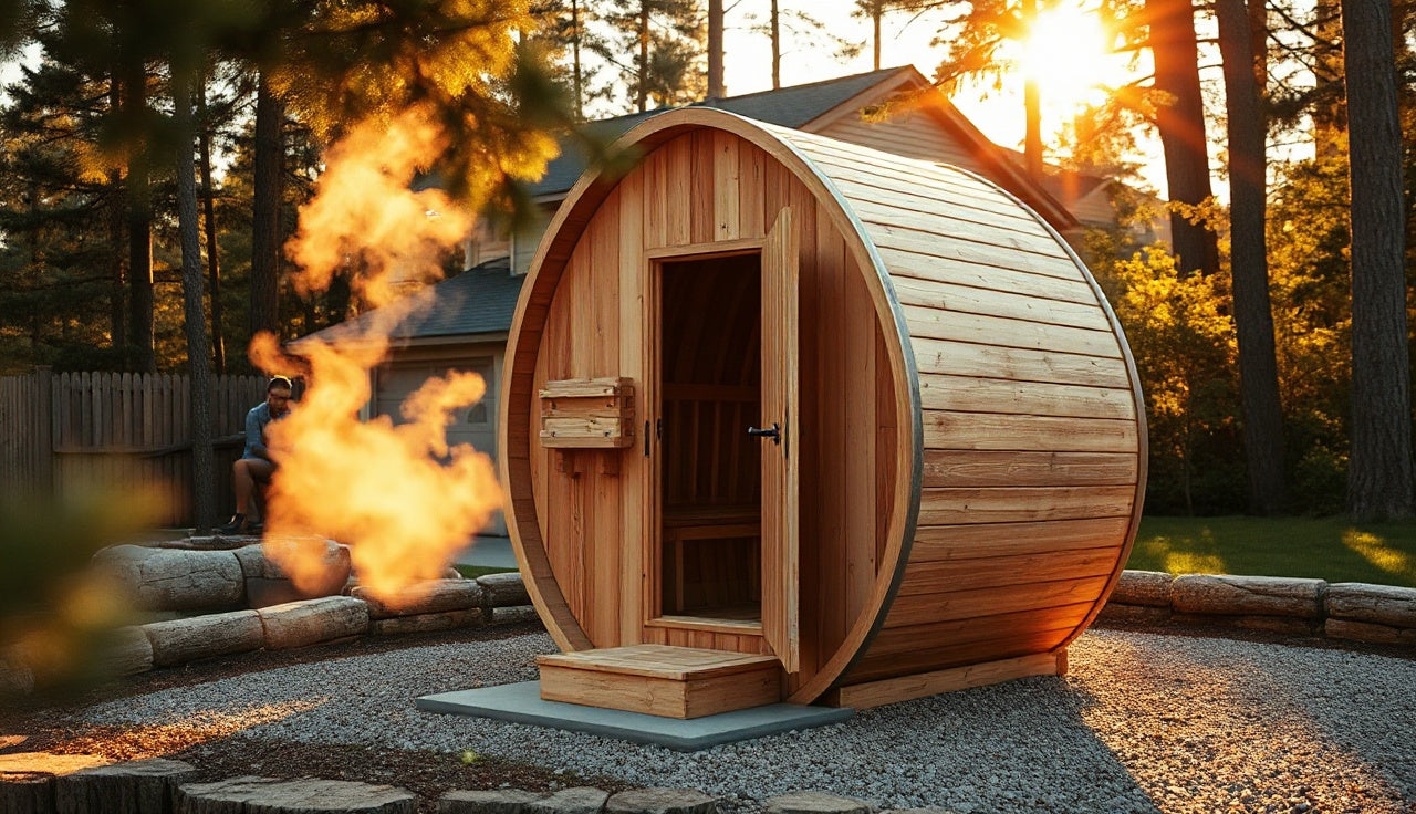 Cedar barrel portable outdoor sauna on gravel pad with steam rising from doorway