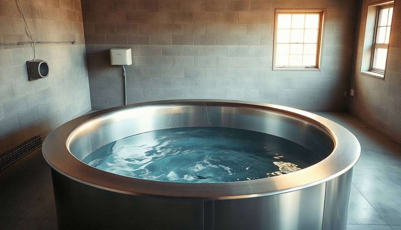 Stainless cold plunge tub showing overflow drain fitting on rear wall