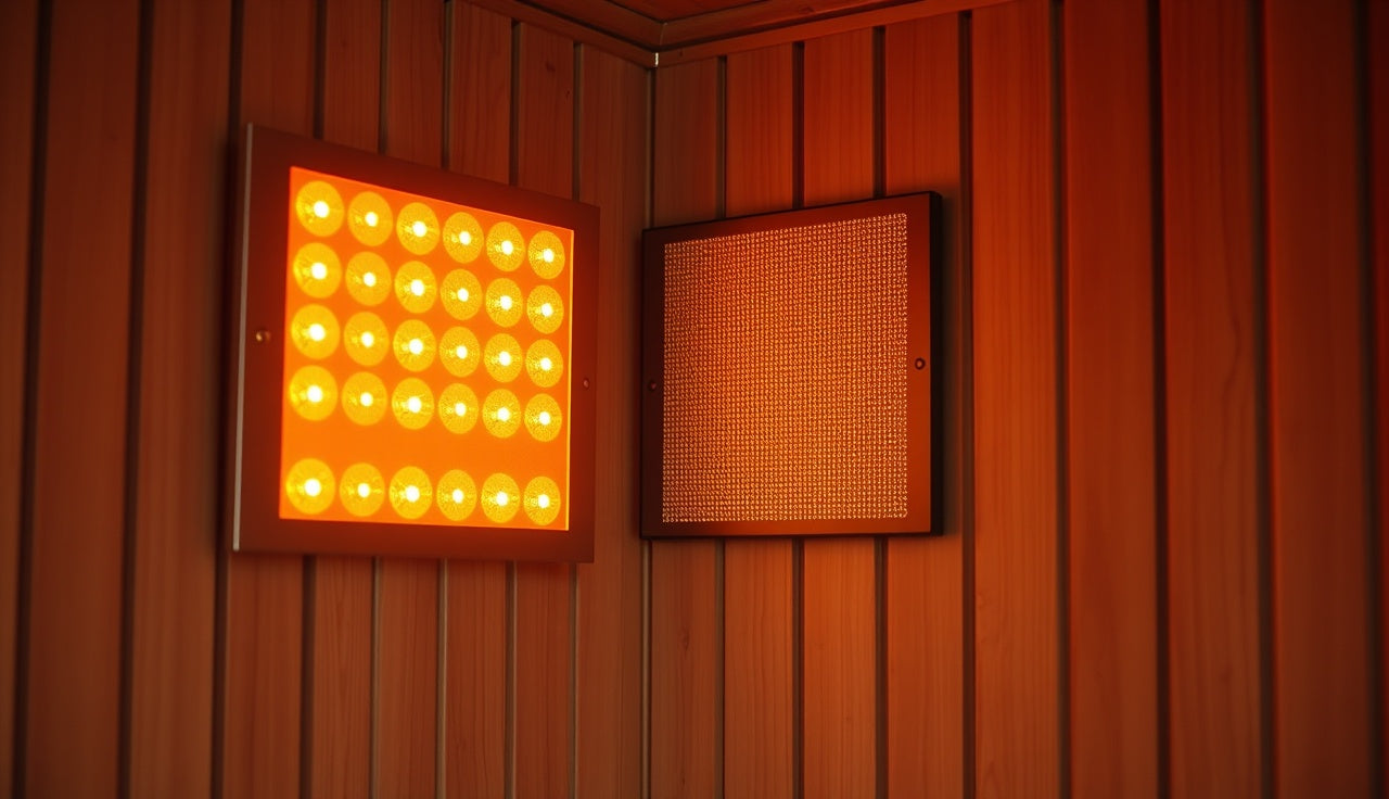 Glowing near-infrared light panel inside a cedar wood sauna interior