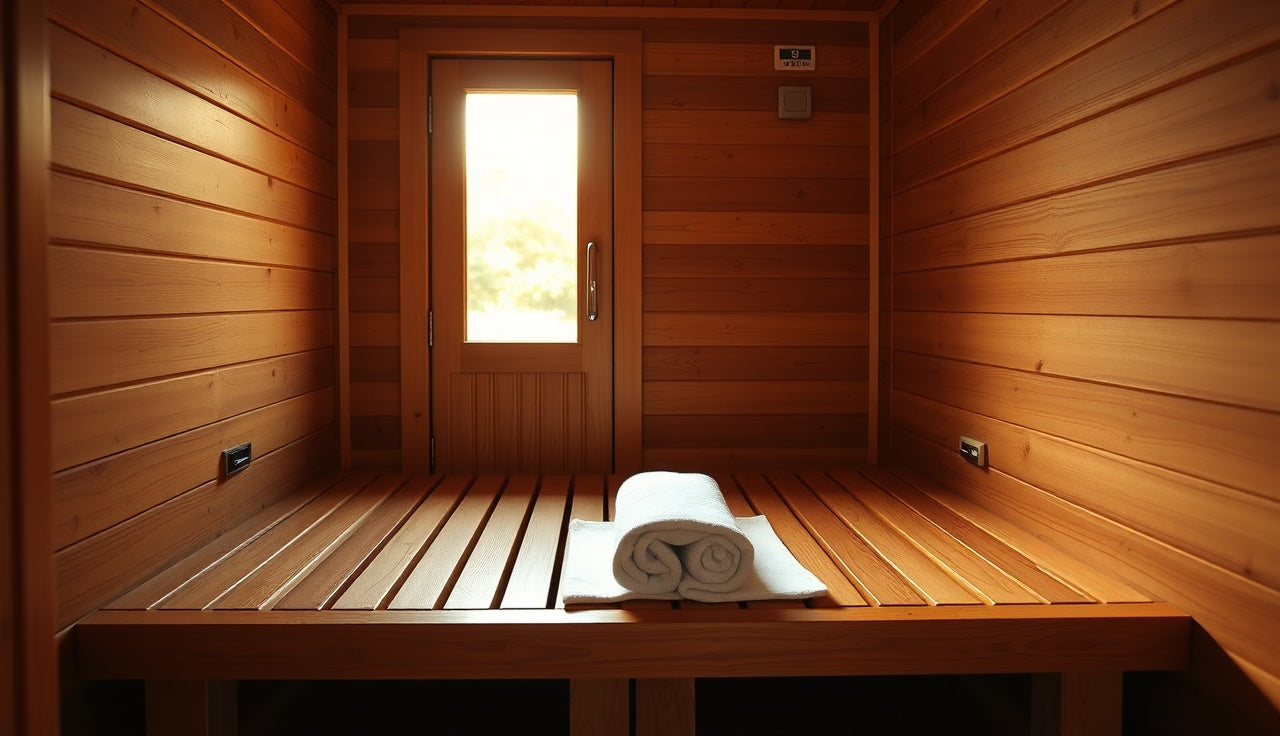Interior of a 2-person infrared sauna with wood benches and warm amber light