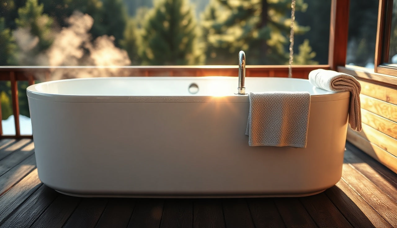 Refrigerated cold plunge ice bath machine on a wooden deck outdoors in morning light
