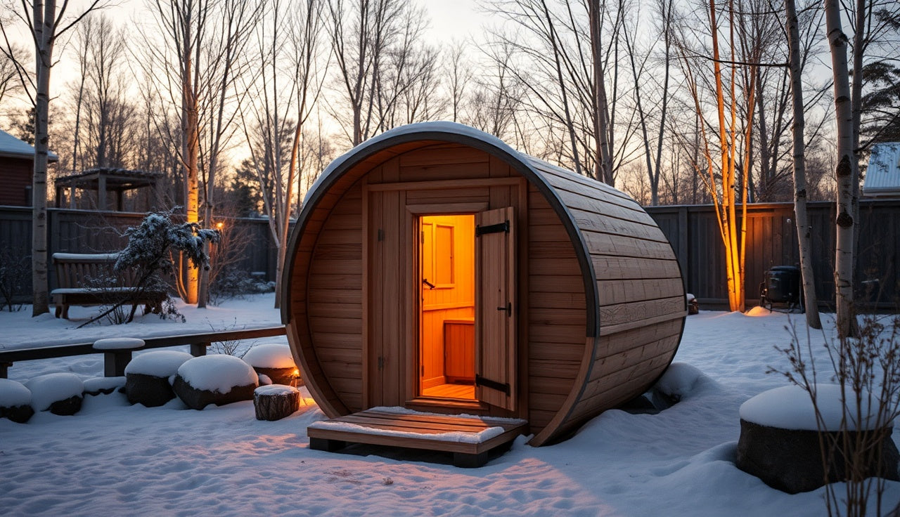 Cedar barrel outdoor home sauna glowing with warm light in a snowy backyard at dusk