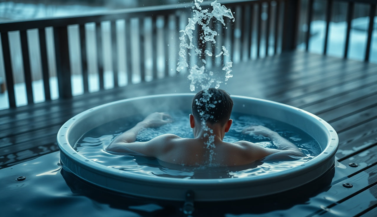 Person entering a cold water immersion tub on a wooden outdoor deck at dawn