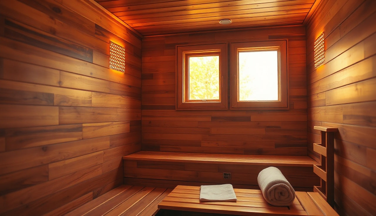Warm wooden infrared sauna interior with glowing heater panels and folded towel