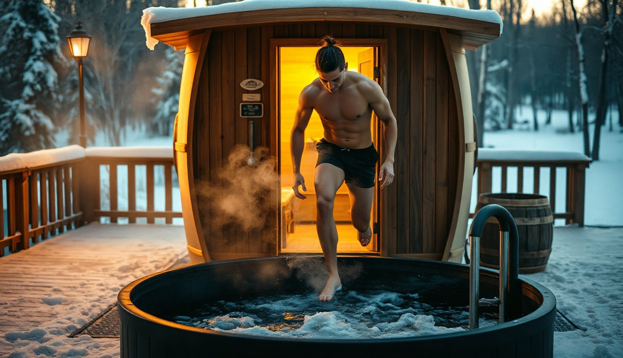 Athlete transitioning from outdoor sauna to cold plunge tub during contrast therapy session