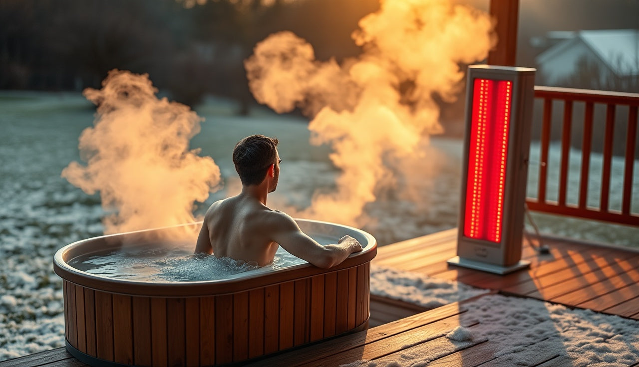 Person exiting cold plunge tub near red light therapy panel on outdoor deck at dawn