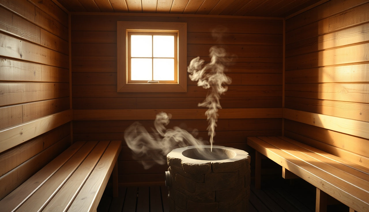 Empty traditional Finnish sauna interior with cedar benches and stone heater