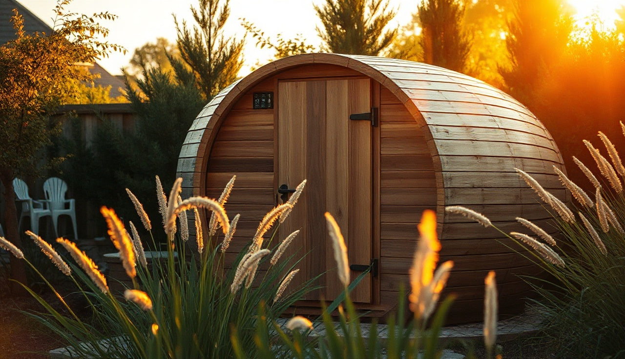 Cedar 4-person barrel sauna in a backyard garden with steam at the door