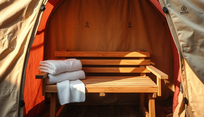 Cedar portable sauna bench inside a canvas tent sauna with warm light
