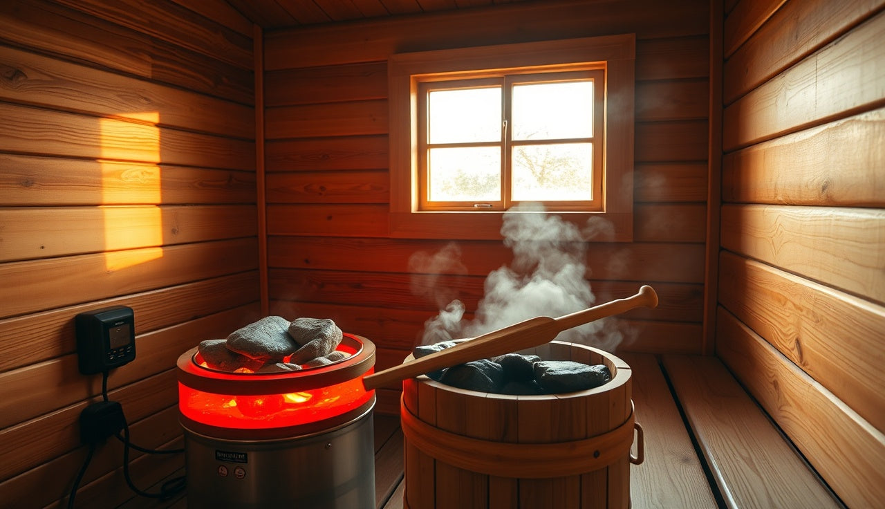 Interior of a hot Finnish sauna with glowing heater stones and birch ladle