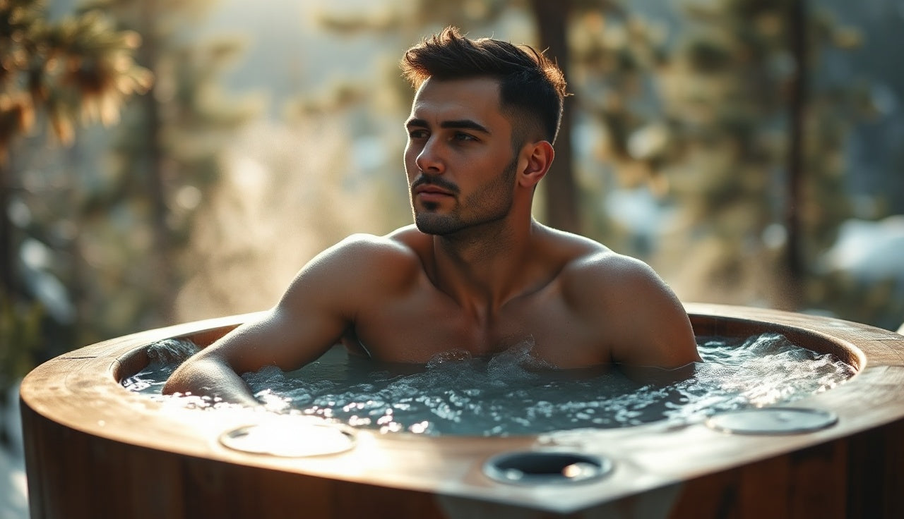 Man sitting in outdoor cold plunge tub in early morning light