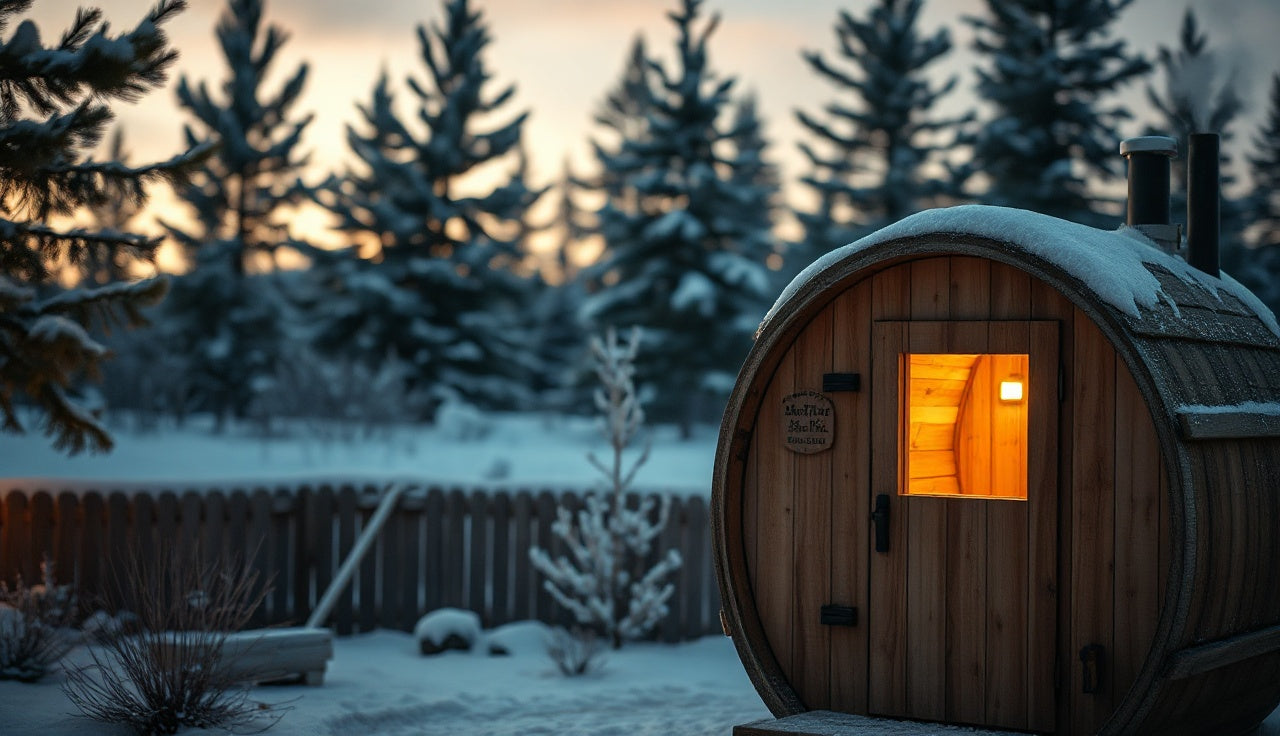 Cedar barrel sauna glowing with warm light in a snowy backyard at dusk