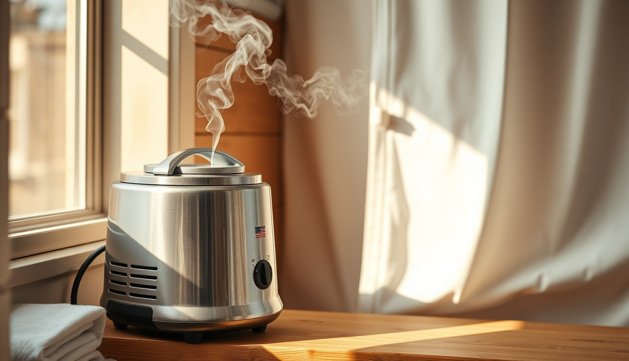 Portable steam generator connected to a white sauna tent with steam visible