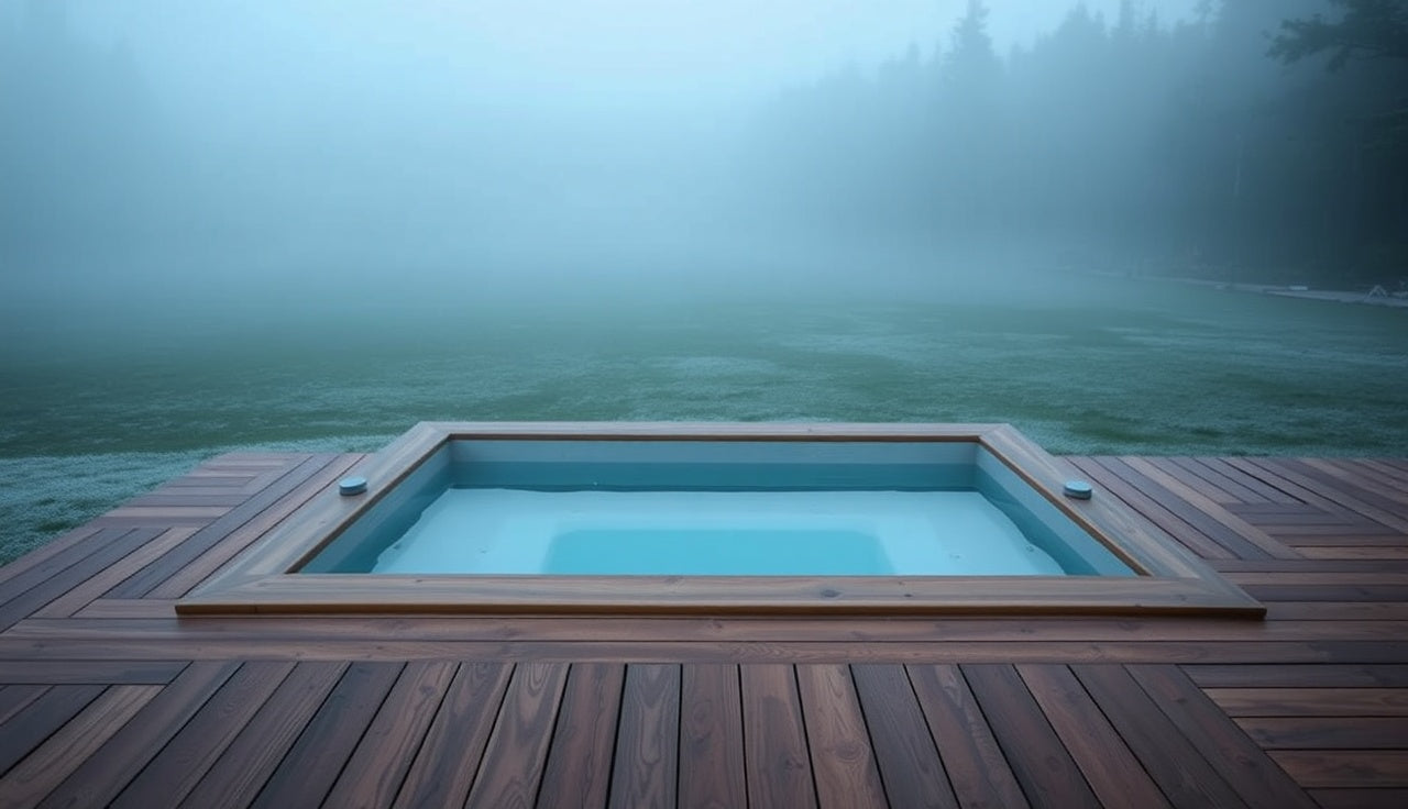 Frost-edged outdoor ice bath tub on a cedar deck at dawn