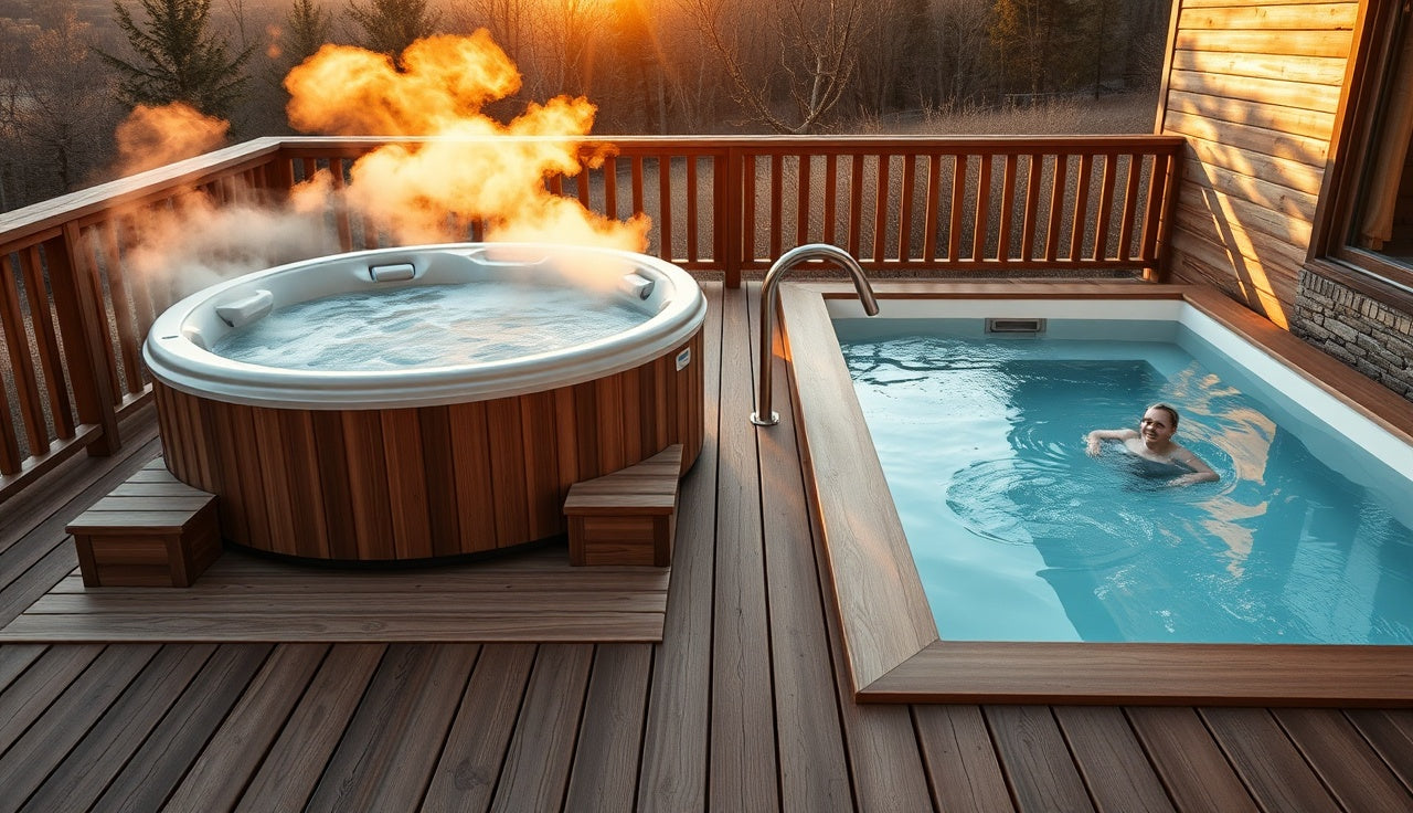 Hot tub and cold plunge side by side on outdoor cedar deck at sunset