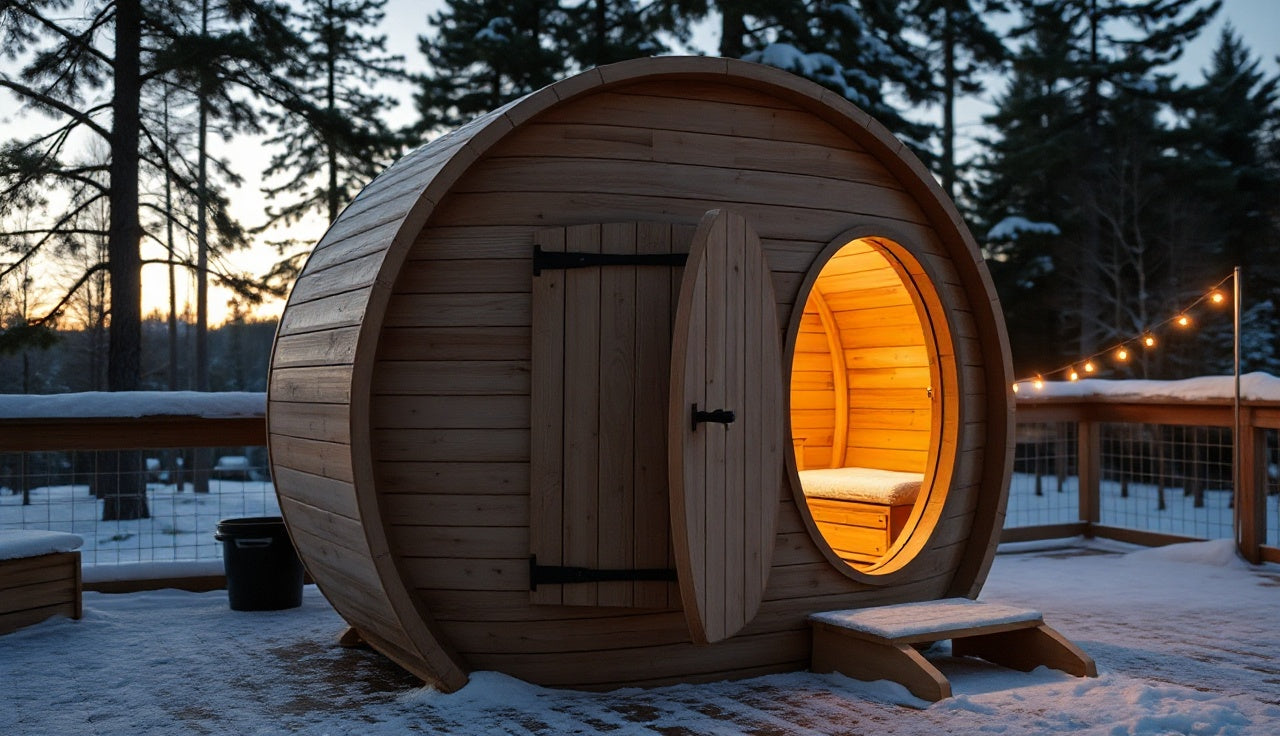 Cedar barrel sauna with fitted canvas cover on a snowy deck at dusk