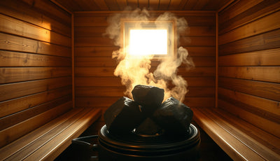 Empty Finnish sauna interior with steam rising from hot rocks on a heater