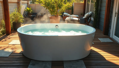 White freestanding cold plunge tub on a shaded wooden deck in early morning