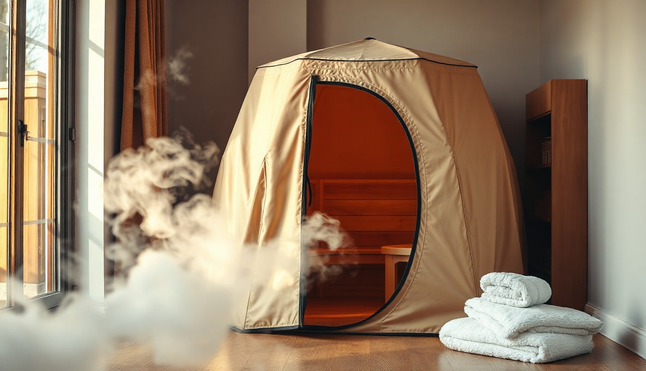 Compact portable Finnish sauna tent set up in a living room with soft afternoon light