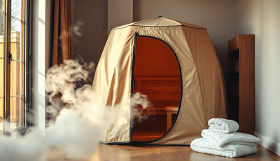 Compact portable Finnish sauna tent set up in a living room with soft afternoon light