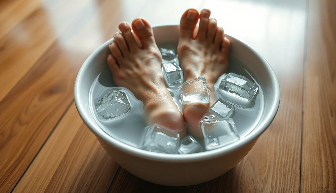 Bare feet submerged in a bowl of ice water with floating ice cubes