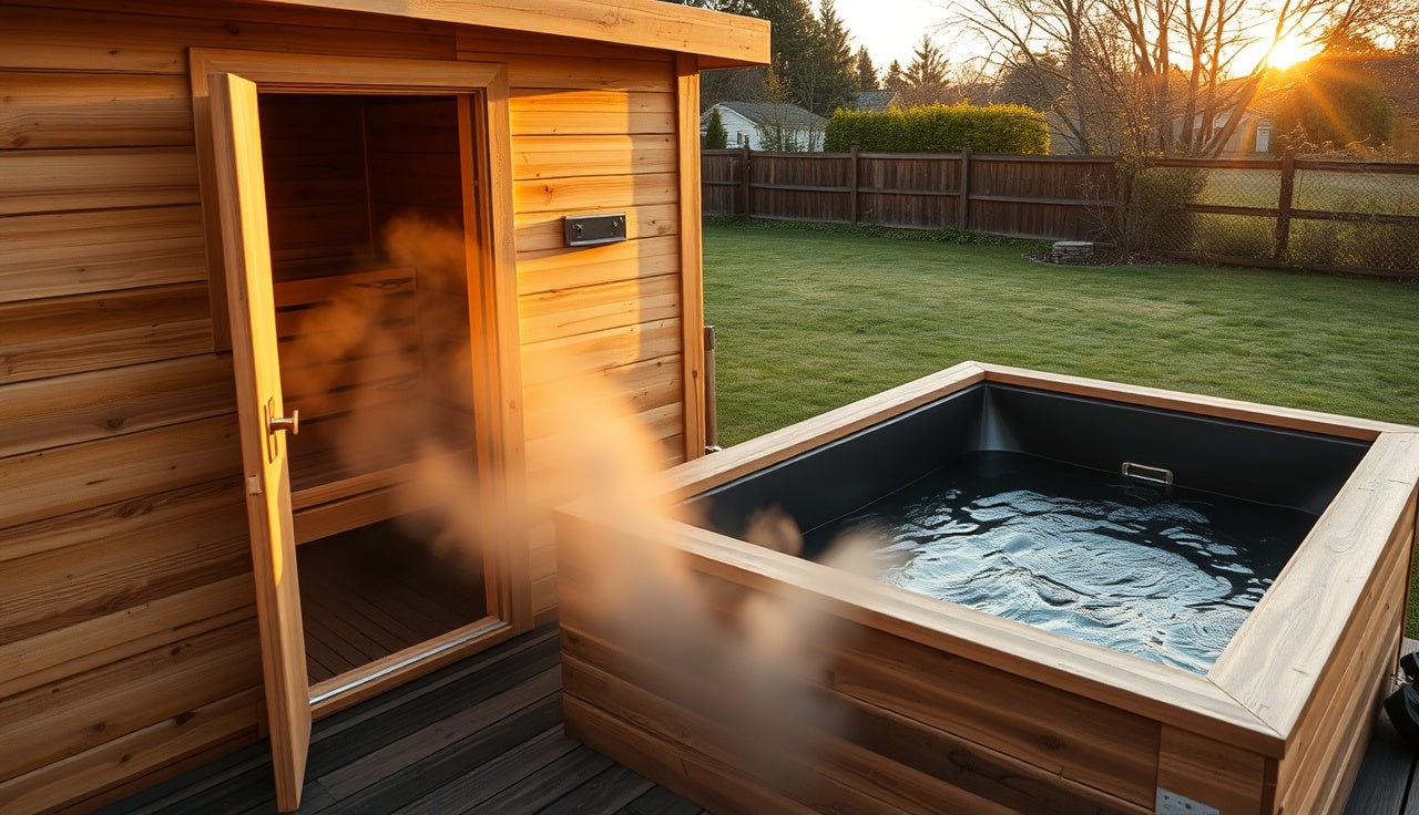 Outdoor wooden sauna next to a cold plunge tub showing contrast therapy setup at home