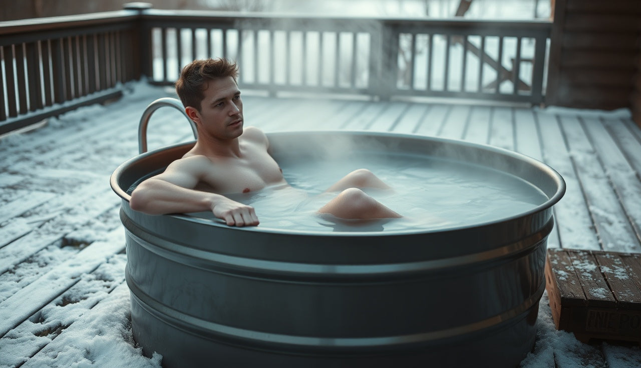 Person sitting in outdoor cold plunge tub activating brown adipose tissue in cold water