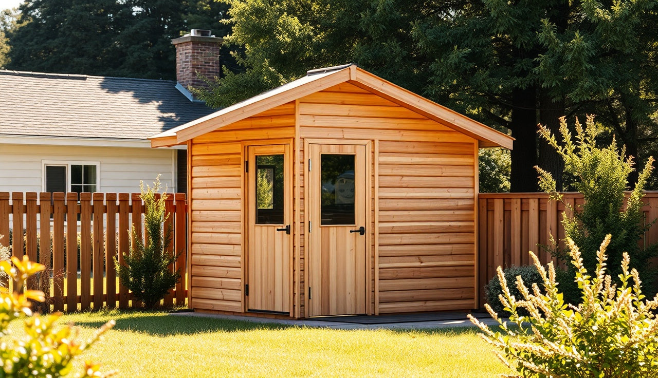 Cedar sauna shed in a fenced residential backyard on a sunny morning