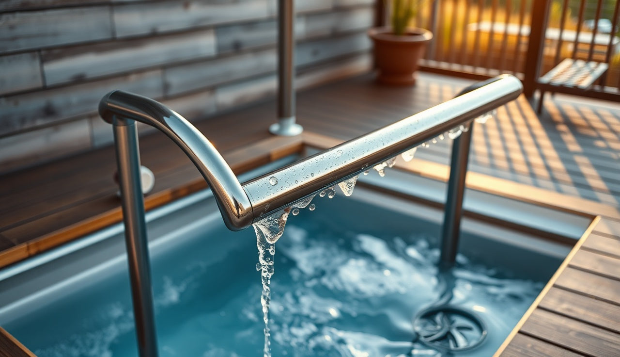 Stainless steel handrail installed beside a cold plunge tub on an outdoor deck