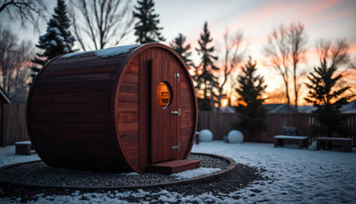 Cedar barrel sauna glowing with amber light on a snowy backyard gravel pad