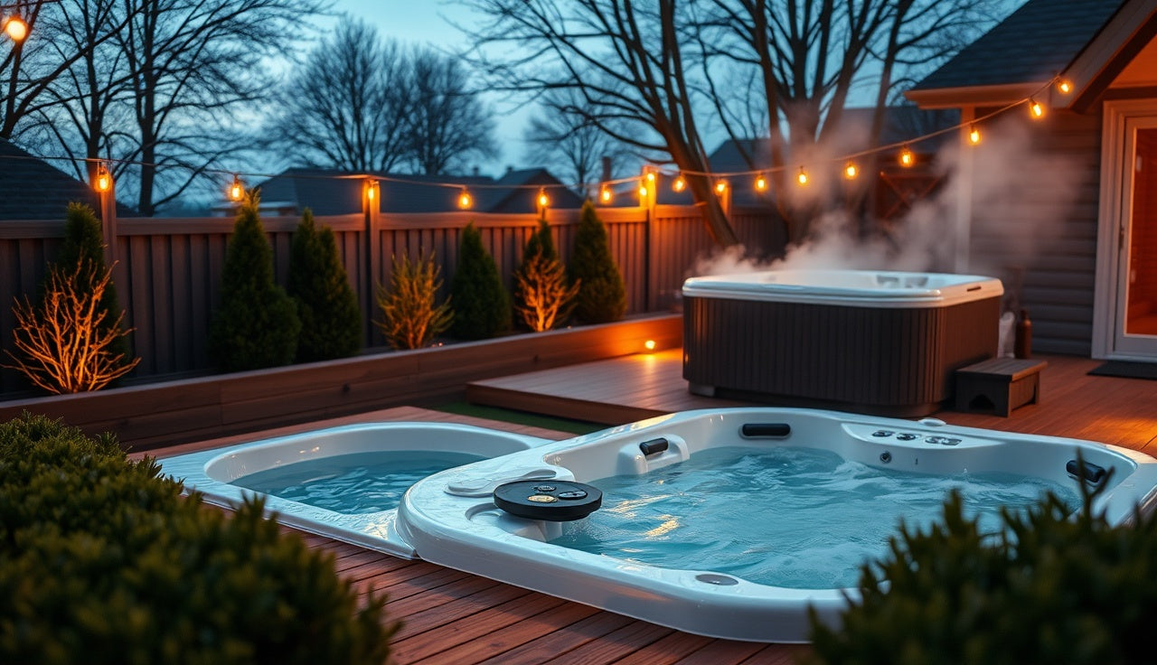 Person transitioning from cold plunge to steaming hot tub on a backyard deck at dusk