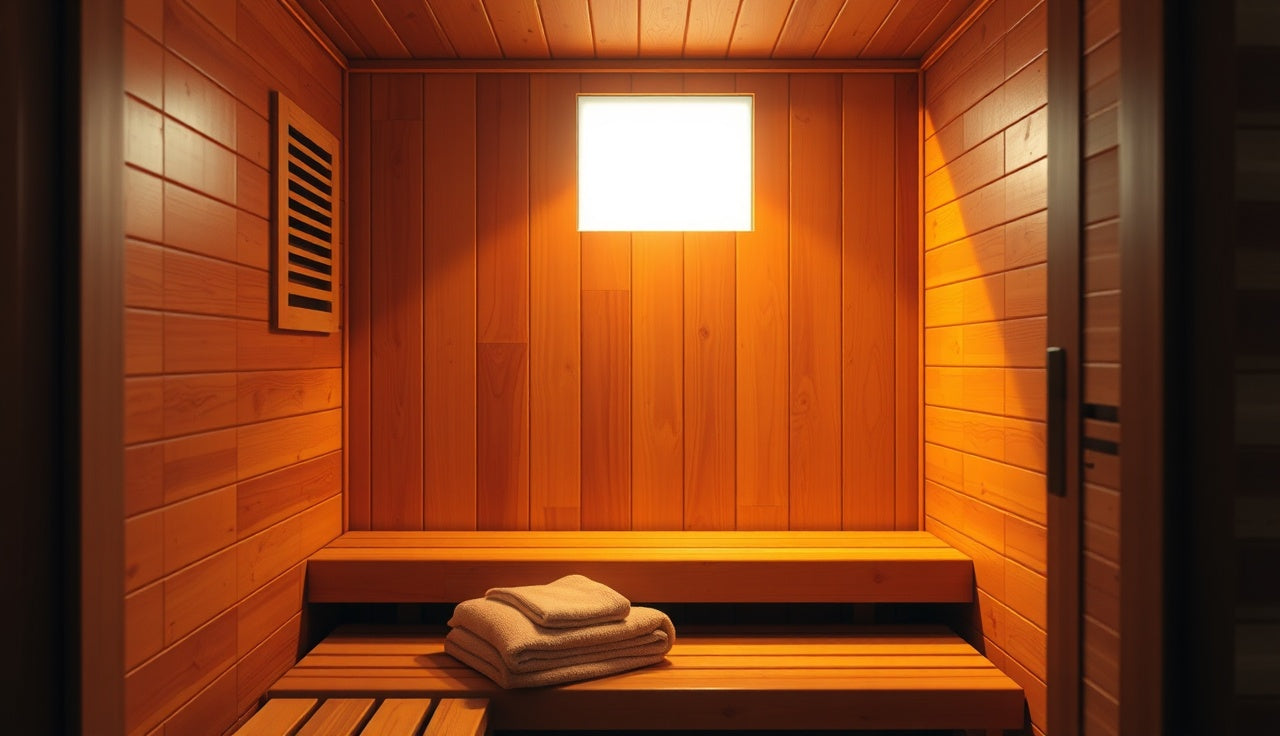 Interior of a cedar infrared sauna cabin with warm amber light and wooden bench