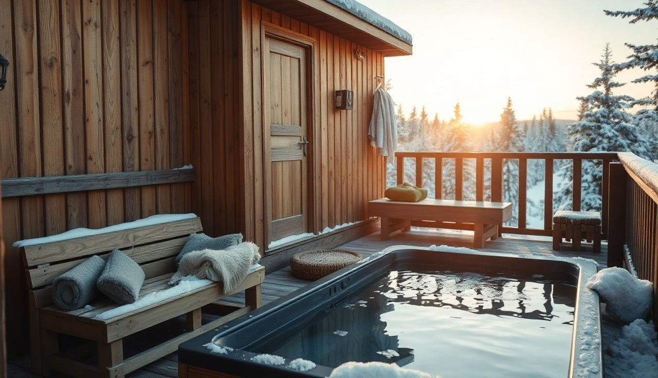 Outdoor wooden sauna beside a cold plunge tub on a snowy deck at dawn