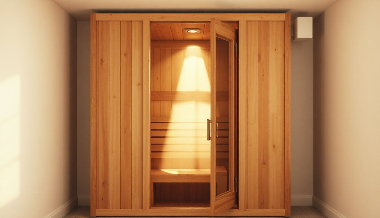 Open two-person wood infrared sauna cabinet in a clean home basement, warm light