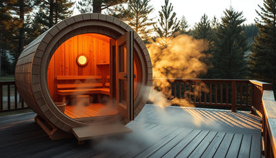 Cedar wine barrel sauna on a wooden deck surrounded by pine trees at dusk