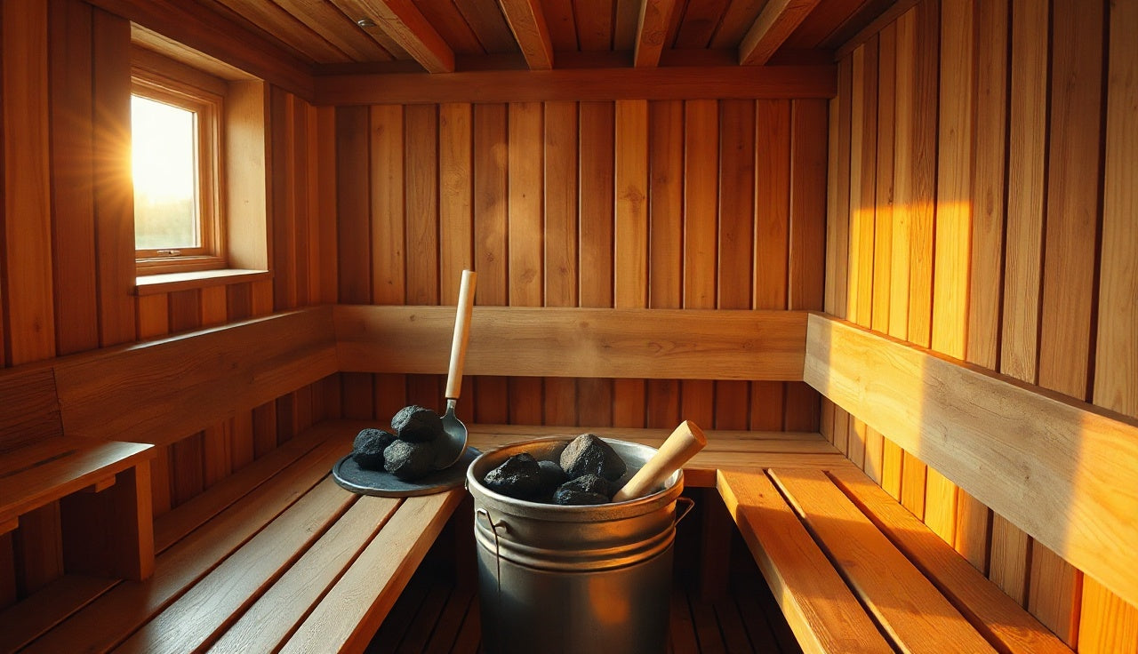 Cedar-lined Finnish sauna interior with glowing rocks and steam rising from ladle