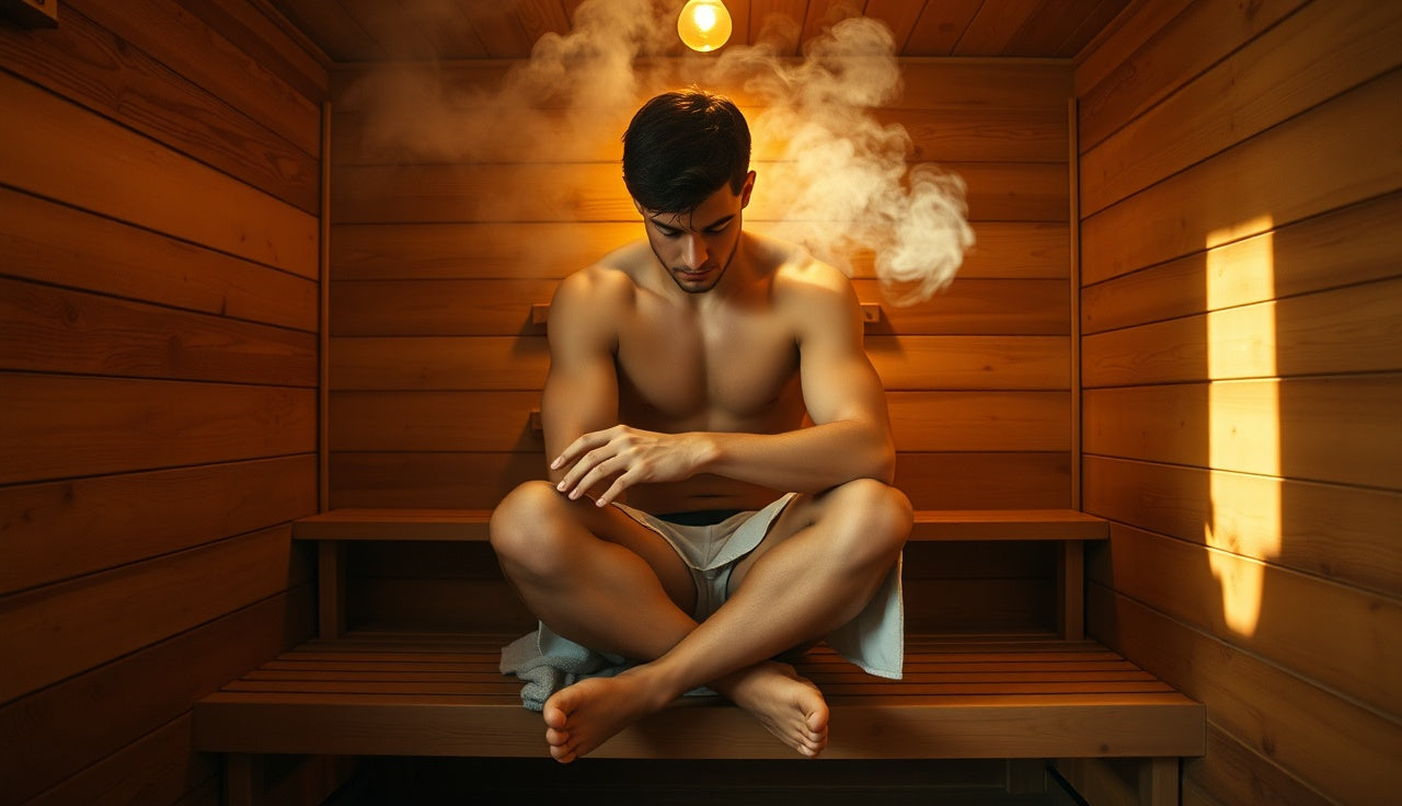 Man resting on wooden sauna bench after workout with steam rising around him