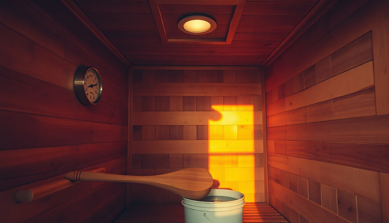 Cedar sauna interior with wooden bench, bucket, and wall thermometer showing high temperature