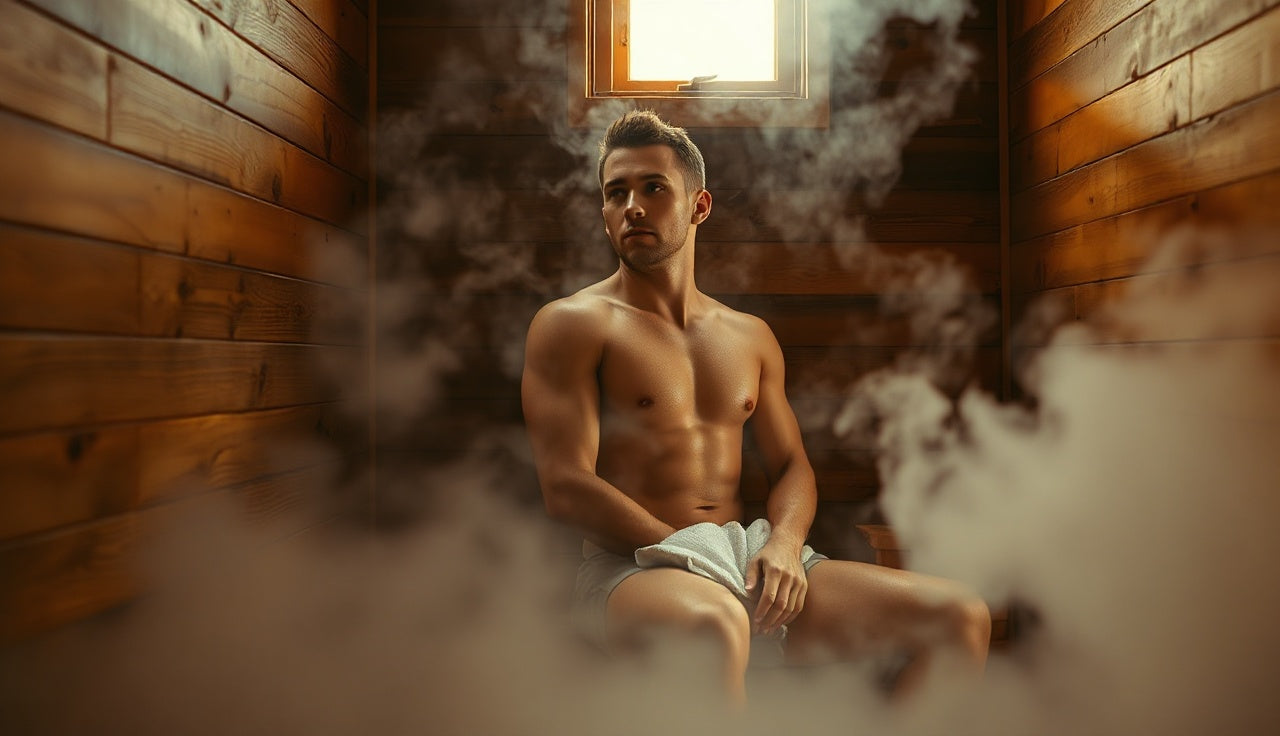 Man sitting relaxed in a steam-filled wooden steam room after a workout