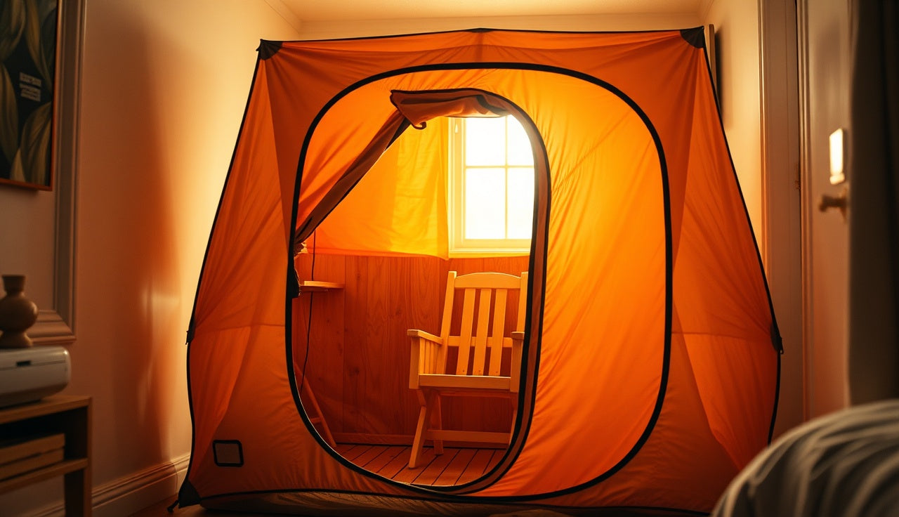 Portable dry sauna tent set up in a sunlit bedroom corner with wooden chair inside