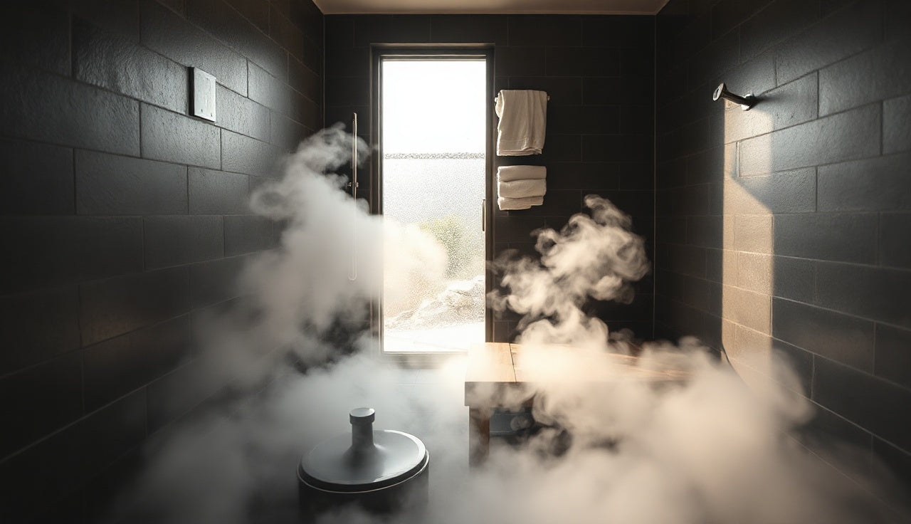 Tiled home steam room interior with rising steam and cedar bench