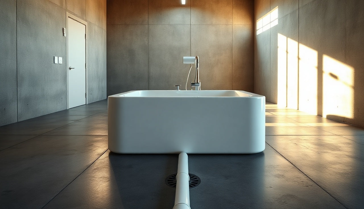 Cold plunge tub with visible 2-inch PVC drain pipe on concrete floor