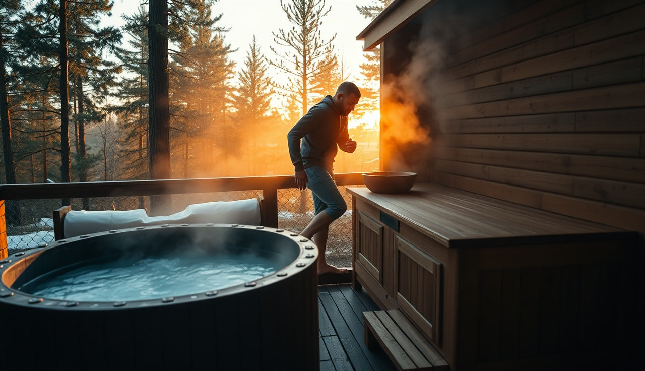 Man at dawn entering outdoor sauna beside cold plunge tub showing cortisol contrast