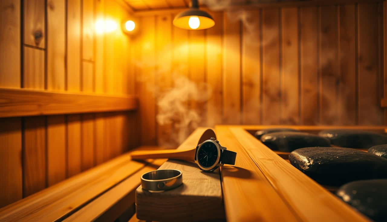 Titanium ring and rugged smartwatch resting on a cedar sauna bench near hot stones