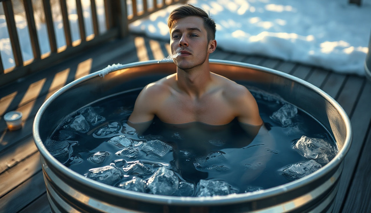 Person sitting in ice-filled stock tank outdoors during cold morning ice bath