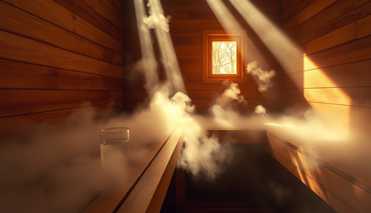 Cedar steam room filled with white mist and warm morning light