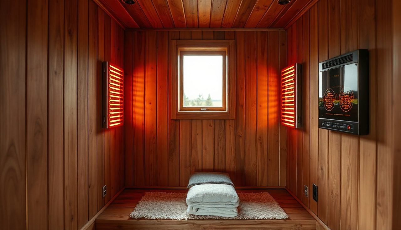 Cedar infrared sauna interior with carbon heater panels and warm ambient light